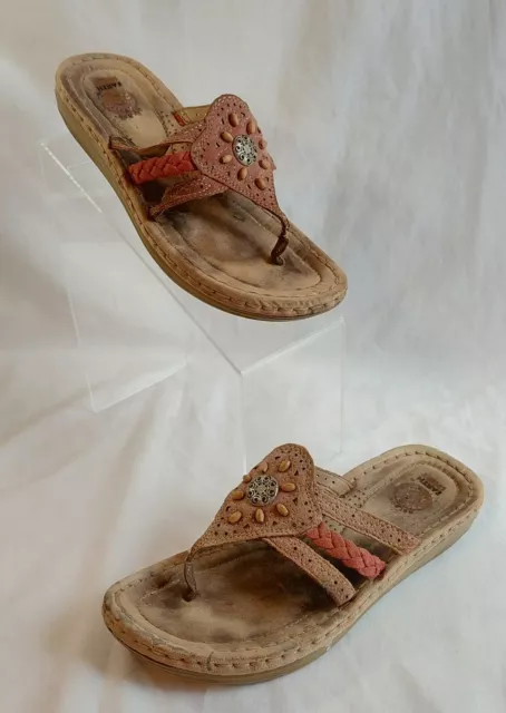 Women's Earth Spirit Sandals Padded Thong Flip Flop Tan/Salmon Leather Size 8.5