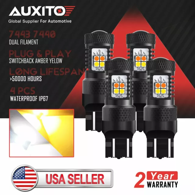 4x AUXITO 7443 Switchback LED White Amber Turn Signal Indicator DRL Light Bulb