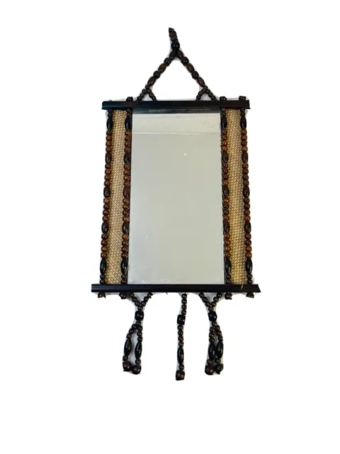 VTG 80s Boho Coastal Wood Rattan Tassle Hanging Wood Decorative Wall Mirror