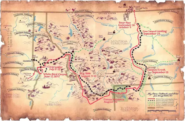 1877 Flight of Nez Perce Map Trail History Nimi'ipuu Nimiipu Nee-Me-Poo Print
