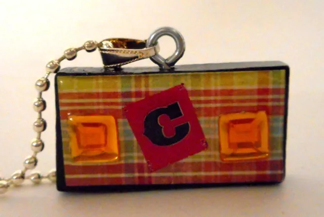 Plaid Domino Necklace Pendant Initial C Reclaimed Mixed Media Folk Art Jewelry