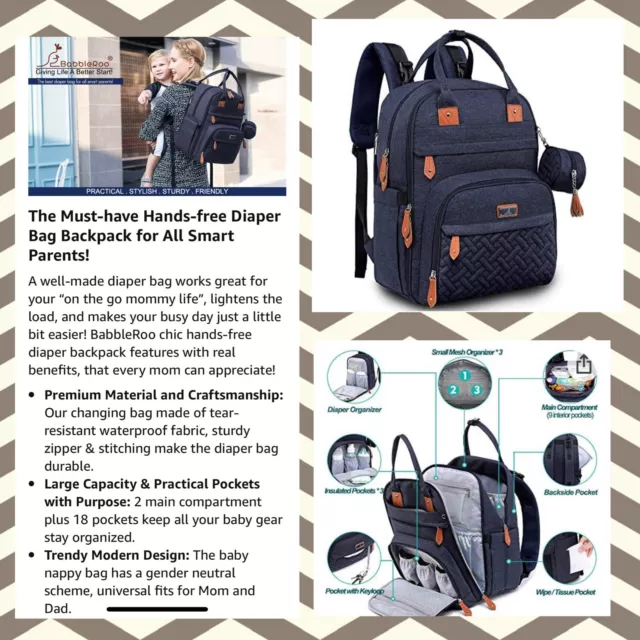 BABBLEROO Baby Diaper Bag Backpack Nappy Changing Pad Waterproof Travel Nav Blue