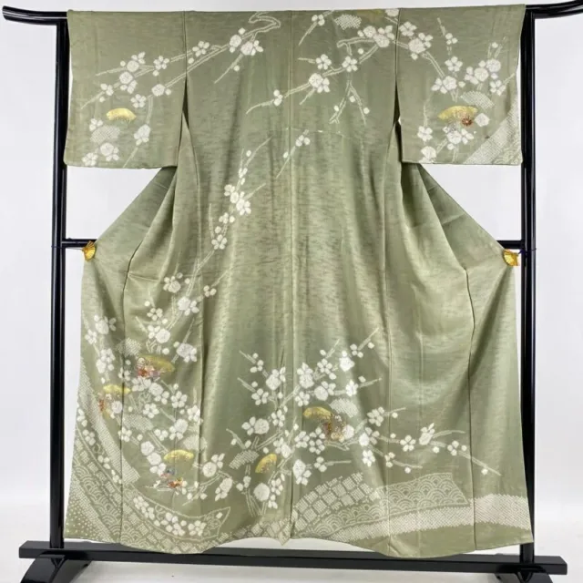 Woman Japanese Kimono Houmongi Silk Fan Itomaki Embroidery Shibori Matcha Green