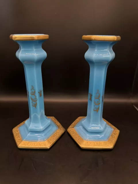 Cambridge Glass Elegant Pair Candlesticks Azurite Hand Painted with Etched Gold