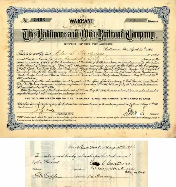 Baltimore and Ohio Railroad Co. Issued to and Signed by Edward S. Harkness- Stoc
