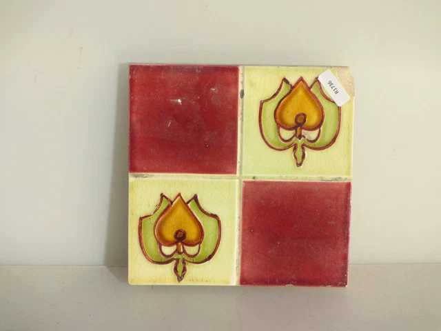 Antique Ceramic Tile Floral Flowers Leaf Art Nouveau Old Vintage Edwardian 1904