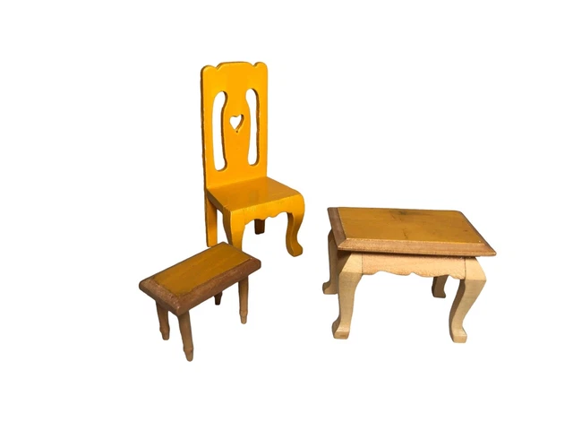 VINTAGE 70S WOODEN Doll House Heart Wooden Chair and Coffee Table