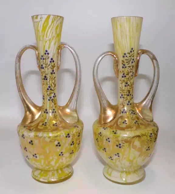 Pair Of Franz Welz Mosser Bohemian Spatter Glass Vases Hand Painted Gilt Handles