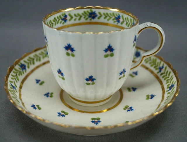 Caughley Hand Painted Barbeaux Cornflowers & Gold Coffee Cup & Saucer Circa 1795