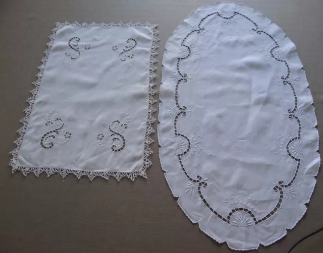 Beautiful Vintage French 2 Table Runner Hand Embroidered Cutwork White Linen