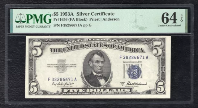 Fr. 1656 1953-A $5 Silver Certificate Currency Note Pmg Uncirculated-64Epq (B)