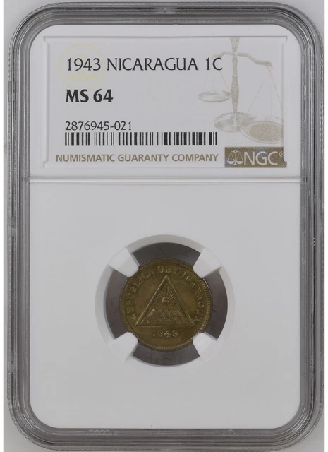 1943 (P) Nicaragua 1 Centavo NGC MS 64 Philadelphia Mint