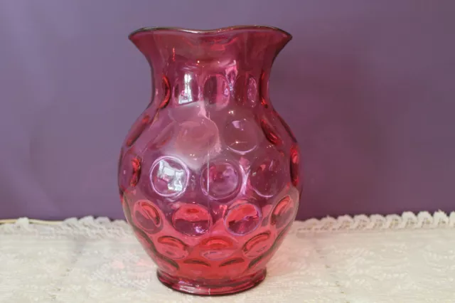 Vintage Cranberry Glass Pitcher 'Inverted Thumbprint' With Applied Clear Handle 3