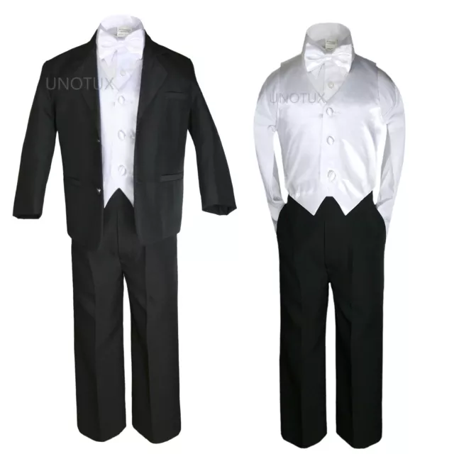 New 5pc White Vest Bow Tie Boy Baby Toddler Formal Wedding Black Suit Tuxedo