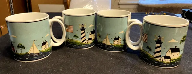 Set of 4 Sakura Warren Kimble Coastal Breeze Lighthouse Flag 12 oz Ceramic Mugs