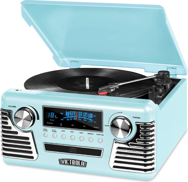 Victrola Retro Record Player with Bluetooth and 3-Speed Turntable, Turquoise