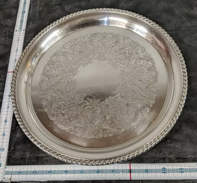Antique Silverplate Wm Rogers 161 round serving tray platter engraved ornate 12"