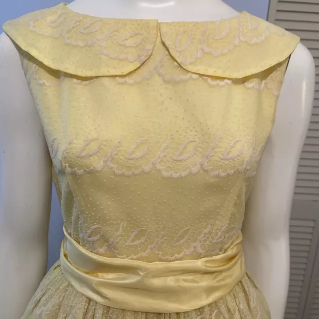 VTG 50s Party Dress Pale Yellow Satin With Swiss Dot Embroidered Overlay Sz S 3