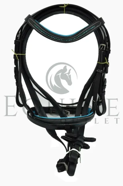 Leather Padded Bridle with Diamante Detail, Rubber Reins & Flash - Blue, Pink