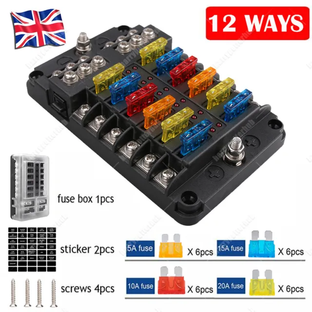 UK Blade Fuse Box 12 Way Distribution Bar Bus Boat Car Kit Marine Holder 12V/32V