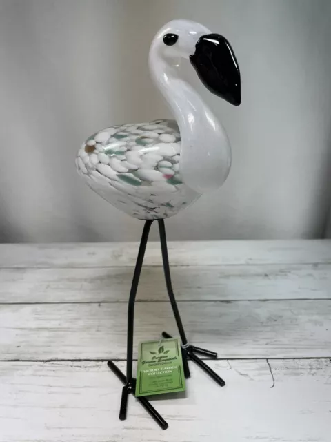 Hand Blown Glass Flamingo White Pink Green,  Creative Garden Essentials 10" tall