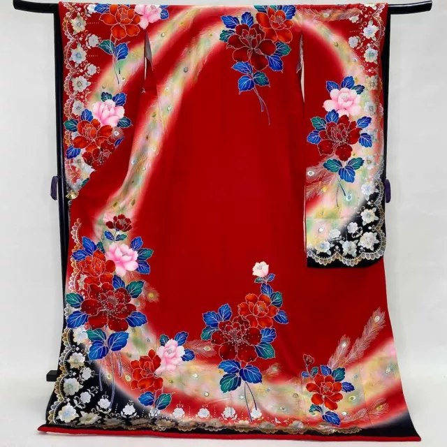 Furisode Color Uchikake VINTAGE Japanese Kimono Silk red classic G-694