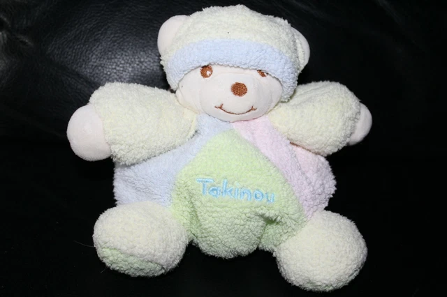 Doudou Peluche Ours Blanc Boule Patchwork Pastel Rose Vert Jaune Bleu Takinou