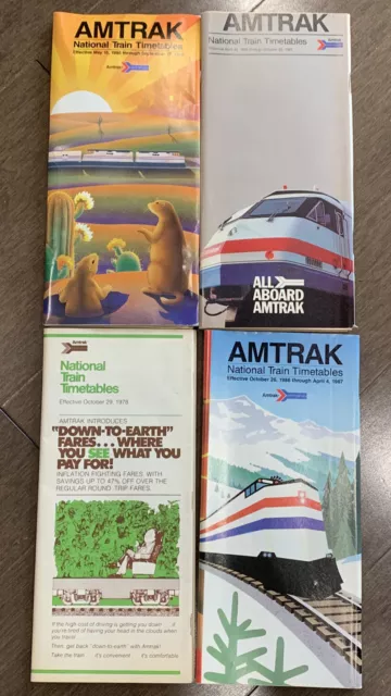 4 AMTRAK NATIONAL TRAIN TIMETABLES BROCHURES SCHEDULES 1970's 1980’s Vintage Lot