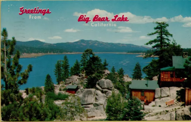 1963 Air Aerial View Greetings From Big Bear Lake California CA Postcard C7