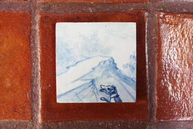 18th Century Blue and White Portuguese Dog Scene Tile, Antique