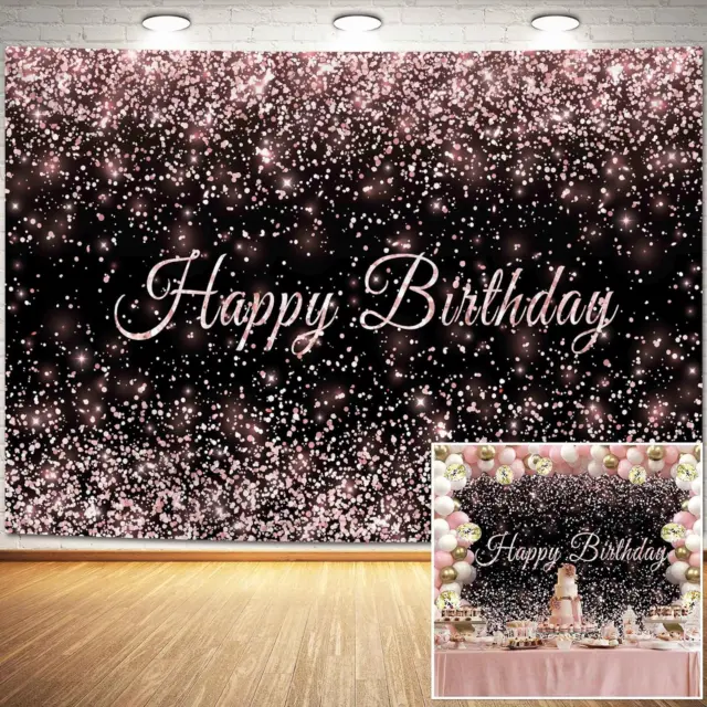 Haboke 7X5Ft Happy Birthday Backdrop Pink and Black Shiny Gold Dot Glamour Spark 2