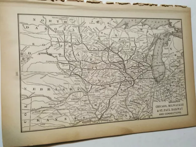Original 1890 railroad map CHICAGO MILWAUKEE & ST PAUL RAILWAY and train report