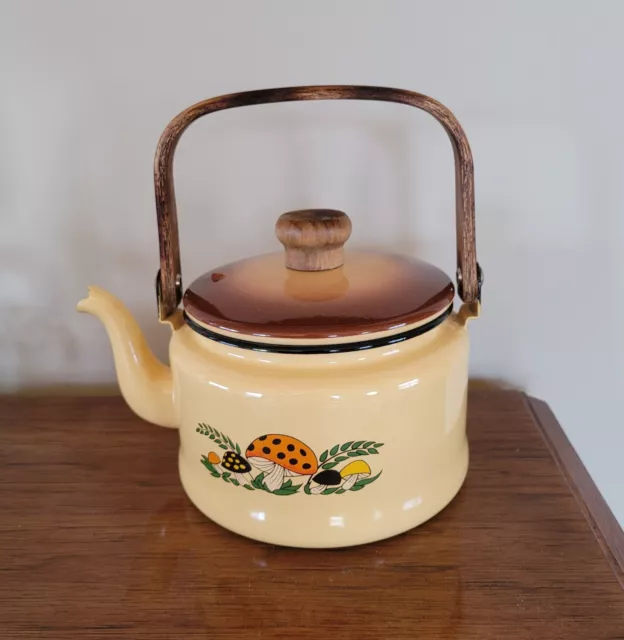 Vintage 70's Era Sears Merry Mushroom Enamelware Tea Kettle Nice Condition