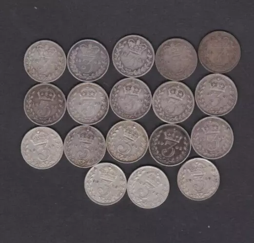 18 x SILVER THREEPENCE COINS 1875 TO 1919 IN FINE TO VERY FINE CONDITION