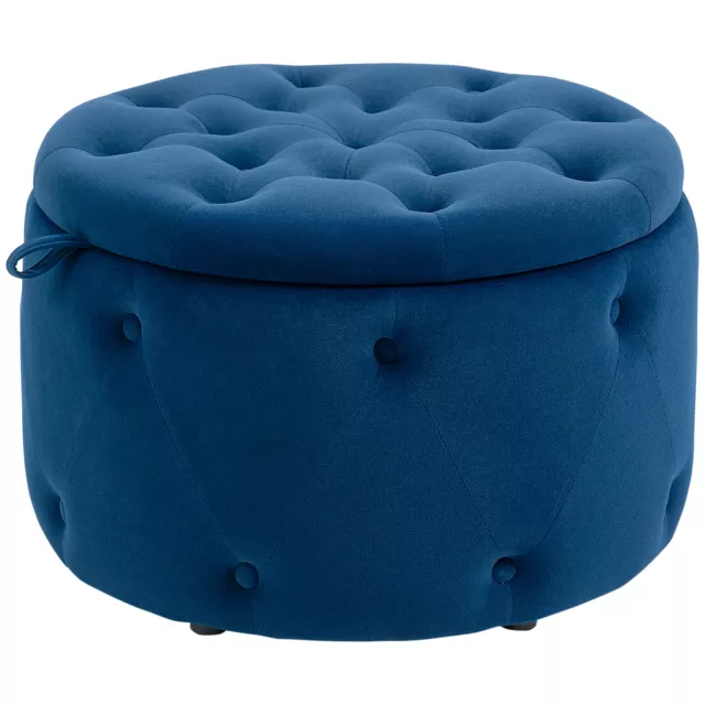 HOMCOM Pouf Poggiapiedi in Velluto Con Vano Contenitore Ø60x40cm Blu Scuro