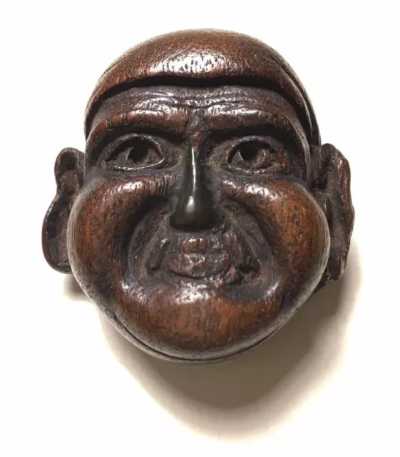 Meiji Era, Wooden Japanese Netsuke Mask (Mennetsuke) Wearing a Hachimaki -Patina 2