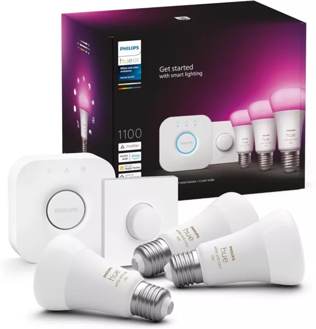 Philips Hue White Colour Ambiance Smart Light Bulb Starter Kit, 3 Bulbs + 2 Smar