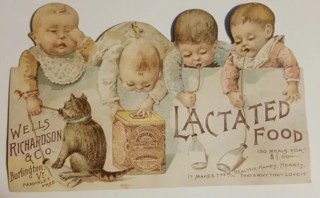 1880s Victorian Die Cut Trade Card "Lactated Milk Food" Babies Bottles & Kitten