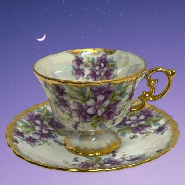 ROYAL SEALY CHINA Teacup Saucer Purple VIOLETS Goldtone Trim JAPAN Lusterware