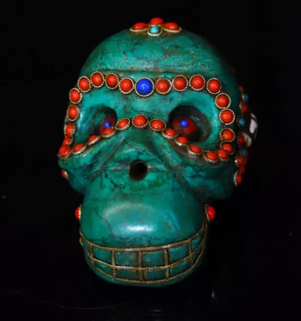 China Tibet Nepal turquoise inlay gemstone Buddhism skull Skeliton Dakani statue