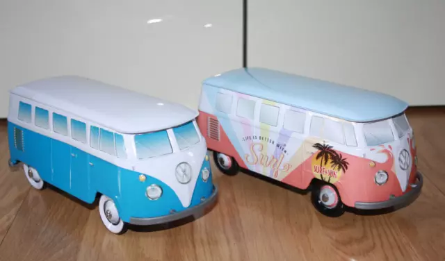 VW Bus Bulli Keksdose aus Metall / 1x hellblau apricot Surf + 1x weiß  blau