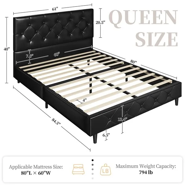 Queen Size Faux Leather Platform Bed Frame, Tufted Upholstered Headboard, Black 3