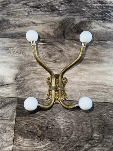 Vintage Ceramic And Brass Coat Hanger Wall Hook Twist Metal White Ball