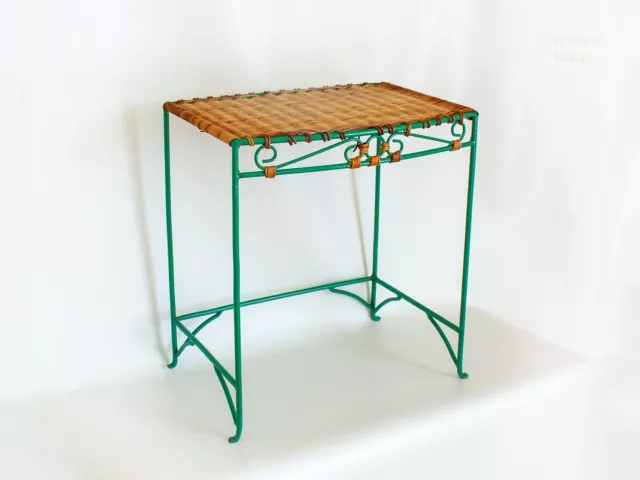 Vintage Wicker Side Table with Green Iron Frame Basketwork Rattan French Shabby