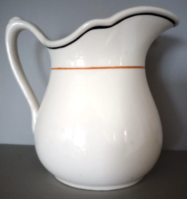 Pitcher Vintage Warwick White Ironstone 1945 Black Orange Stripes Restaurant 8"