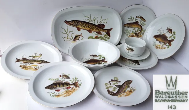 Porcelain Fish Service Bareuther Waldsassen Bavaria Germany Um 1960 N190