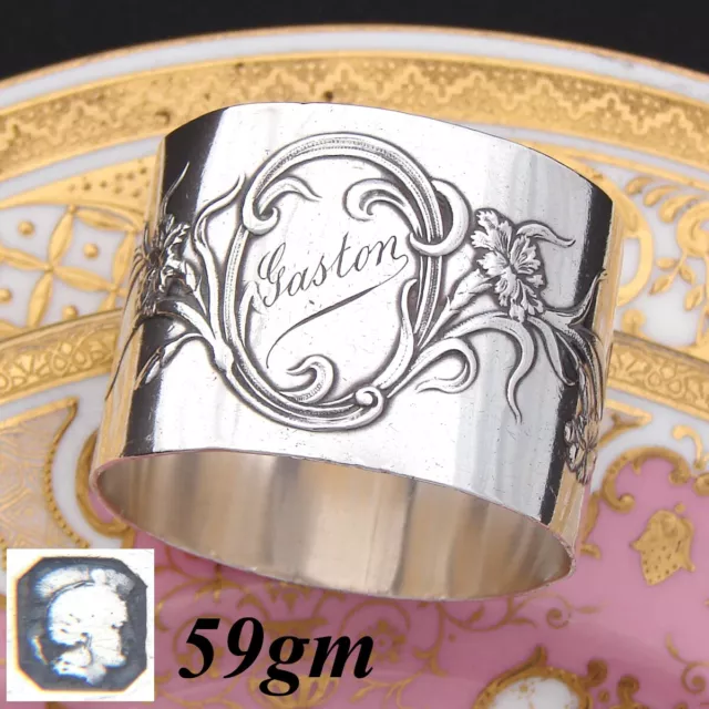 Antique French Art Nouveau Sterling Silver Napkin Ring, Sinuous Floral, "Gaston"