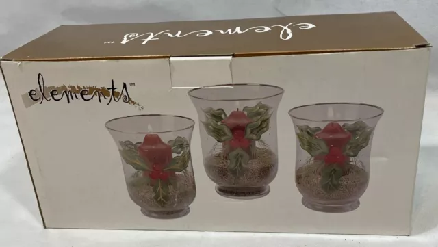 Elements Set of 3 Christmas Holly Hurricane Glass Candle Holders Hand Painted
