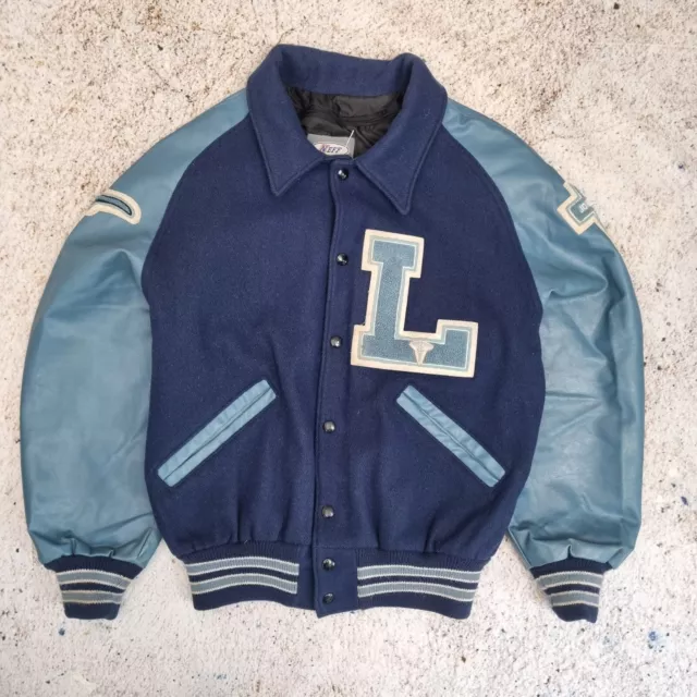 Neff Letterman Varsity Bomber Jacket Vintage Leather Sports Coat, BLUE. Mens M