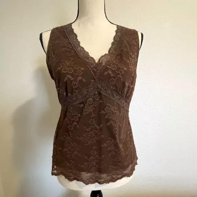 Worthington Women's Size Large Sleeveless Tank Lace Top Lined Brown